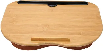 A laptop desk with a bamboo top and a cushioned base.