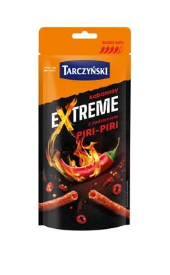 The image shows the front packaging of a spicy snack product.