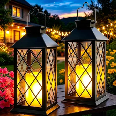 Produktbild von Solarlaterne 2 Stück, hängend, flackernde Kerzen, wetterbeständig, für Garten