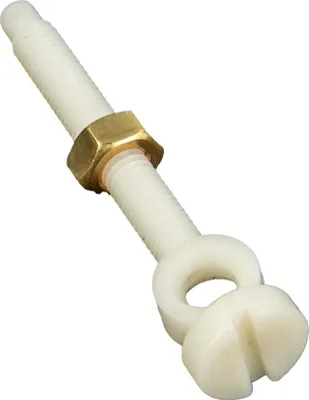 A close-up studio shot of a white plastic adjustment screw with a brass nut.