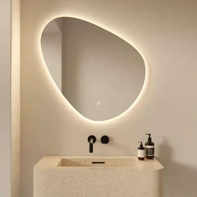 Image de Miroir de salle de bain LED Mirlux, asymétrique, 80 x 80 cm, sans cadre, avec variateur d'intensité et fonction anti-buée