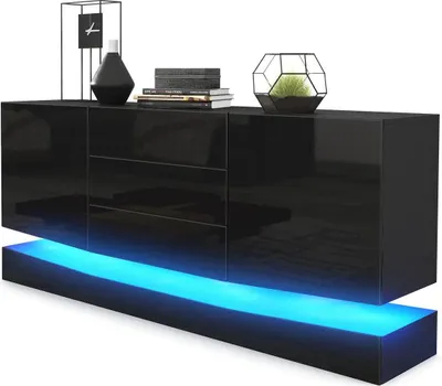 Produktbild von Vladon Sideboard City,  Germany, Schwarz matt/Schwarz Hochglanz inkl. LED - Moderne Kommode für Ihr Wohnbereich (178 x 72 x 38 cm)
