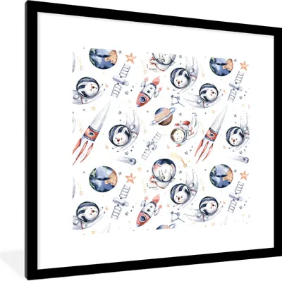 Produktbild von MuchoWow® Gerahmtes Poster Muster - Tiere - Rakete - Jungen - Kinder - Mädchen 40x40 cm - Poster mit Schwarzem Bilderrahmen Wandposter Rahmen Foto Bilder - Poster - Plakat im Rahmen