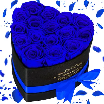 16 ewige Rosen Herz-Geschenkbox, Samt, Blau