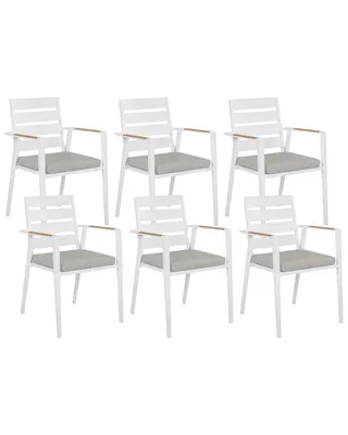 Produktbild von BELIANI Gartenstuhl 6er Set Weiß Aluminium mit Sitzkissen Grau Stoff Armlehnen Holzoptik Stapelbar Modern Outdoor Indoor Terrasse Balkon Ausstattung