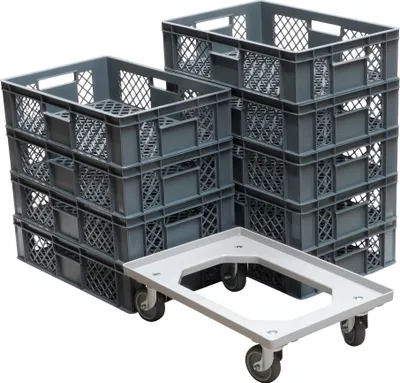 Produktbild von 9 Stück Bäckerkisten 600 x 400 x 150 mm + 1 Transportroller Typ C Farbe: grau
