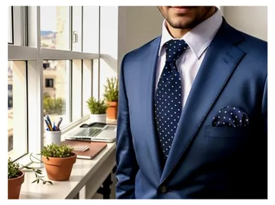 Produktbild von Herren Krawatte mit Einstecktuch in Marineblau mit weißen Punkten