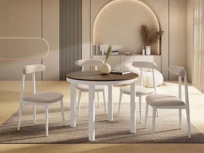 Produktbild von Runder Ausziehbarer Esstisch mit Weißem Metallgestell – Tisch mit Weißen Metallbeinen im Loft-Stil – Platzsparender Tisch für Wohnzimmer, Esszimmer oder Küche – Lefkas Eiche – 100 bis 180 cm