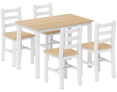 Produktbild von 5-teiliges Essgruppe für 4 Personen, Landhaus-Esstisch und Stühle aus Massivholz, Natur/Weiß