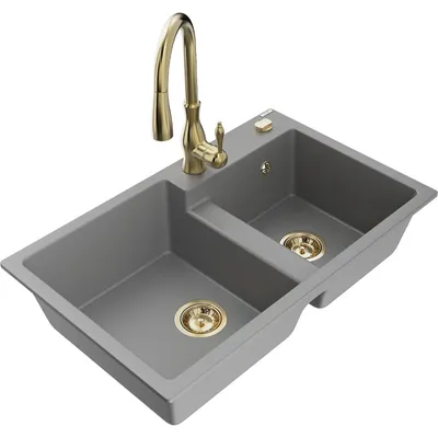 Obrázek produktu pro Mexen Tomas 2-miskový granitový dřez s kuchyňskou baterií Savita, Šedá - 6516-71-672601-50