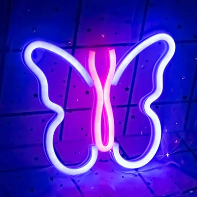 A neon butterfly sign with blue and pink lights.
