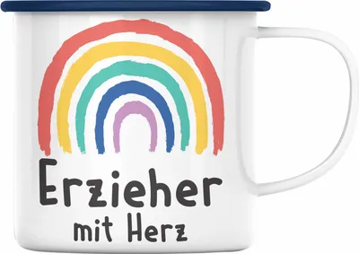 Produktbild von Trendation - Erzieher Emaille Tasse Geschenk mit Herz Geschenke Abschiedsgeschenk mit Spruch Emaille Emaille Tasse Kindergärtner (Blau)
