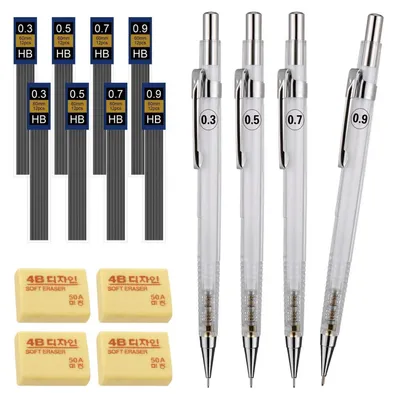 Immagine prodotto di Set di matite a grafite, 4 pezzi | 0,3, 0,5, 0,7, 0,9 mm | HB | con 8 mine di ricambio e 4 gomme da cancellare | colore bianco