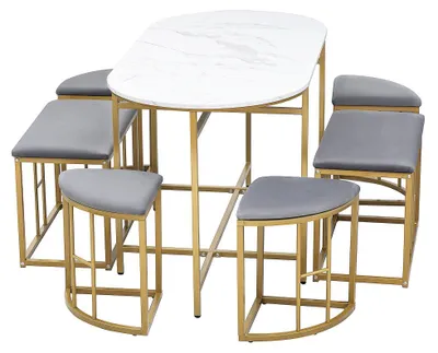 Image de Ensemble de tables et chaises - Coin repas - Ensemble table et chaises pour cuisine - Ensemble de sièges - Petite table avec tabourets - Structure en acier - Style moderne, blanc et doré