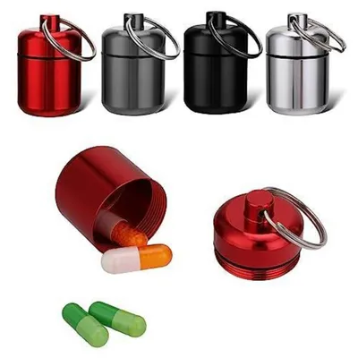Productafbeelding van Pillenhouder sleutelhanger, 4 stuks, metaal, waterdicht, draagbaar, geschikt voor reizen, kamperen en vissen, verkrijgbaar in 4 kleuren