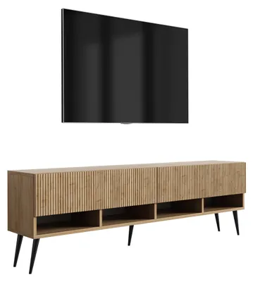 Produktbild von TV-Schrank mit geriffelte Fronten, Eiche Craft, schwarze, schräge Beine