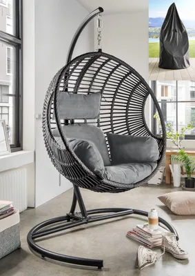 A hanging egg chair with grey cushions is shown indoors, near a window. A protective cover for the chair is also visible in the upper right corner.