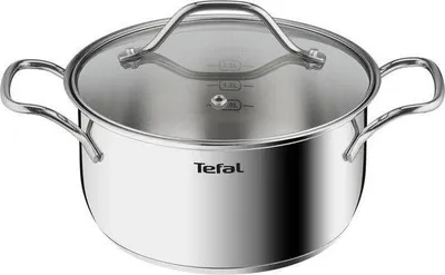 A stainless steel pot with a glass lid and two handles, branded Tefal.