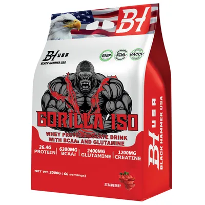 Produktbild von GORILLA ISO Whey 2kg Erdbeere – High Protein Isolat Pulver mit BCAA für effektiven Muskelaufbau, Kraft| Fitness Supplement | Black Hammer USA
