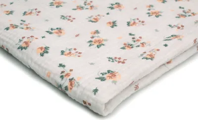 Produktbild von Baumwoll Musselin Stoff mit Aufdruck, Double Gauze, Beigefarbene Blumen 50 x 130 cm
