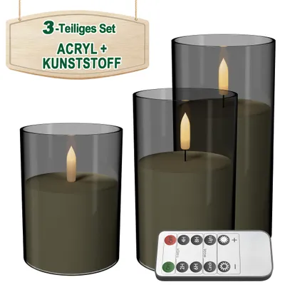 Produktbild von LILIIN 3er-Set LED Kerzen flammenlos, Acryl 3D-Docht, batteriebetrieben, Fernbedienung, Timer, Mattgrau