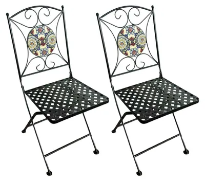 Image de Axi Camilla 2 Chaises De Jardin Bistrot, Design Mosaique, Pliables - Bleu/Jaune | Meuble D'Extérieur, Structure Métallique, Assise En Céramique,