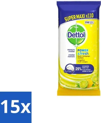 Zdjęcie produktu dla 15 opakowań chusteczek czyszczących Dettol Multi – 110 sztuk – czystość – higiena – zapach cytrusowy – bakterie