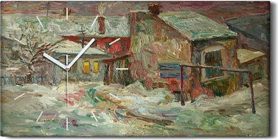 Produktbild von Leinwand Uhr Küche Wohnzimmer Bild 60x30 Ölgemälde Dorf Winter Schnee Kunst - weiße Hände