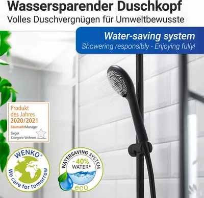 Obrázek produktu pro WENKO Sprchová hlavice Dešťová sprcha WATERSAVING Ø11cm Kulatá černá ruční sprcha Wellness
