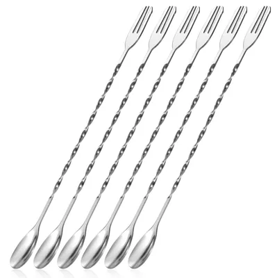 6 Cocktail-Rührlöffel Edelstahl 32 cm Spiralgriff Gabel Silber