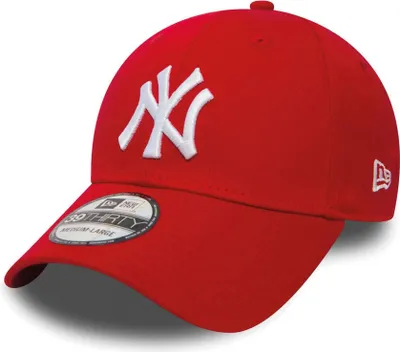 A red New York Yankees baseball cap with a white 'NY' logo.