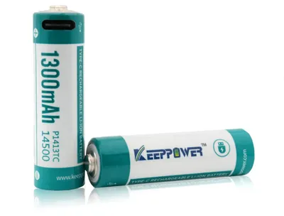 Obrázok produktu pre 2 kusy lítiovo-iónovej batérie Keeppower 14500, 1300 mAh, 3,7 V, s ochranným obvodom a nabíjacím portom USB-C, rozmery 50,2 x 14,3 mm, model P1413TC