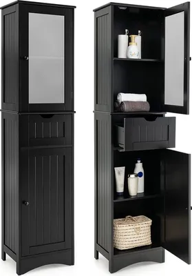 Image de COSTWAY, armoire haute de 170 cm pour salle de bain, meuble de salle de bain avec tiroir, armoire de salle de bain avec étagères réglables et porte en verre dépoli, armoire haute étroite pour salle de bain, en bois, design moderne (noir)