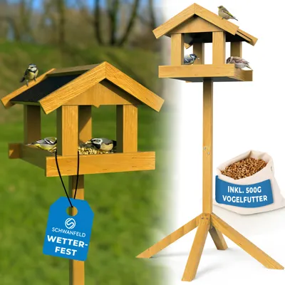 Produktbild von Schwanfeld® Vogelhaus mit Ständer wetterfest [FÜR ALLE VOGELARTEN] - inkl. 500g Vogelfutter - Vogelfutterhaus mit Ständer wetterfest & langlebig - sicheres Futterhaus für Vögel 1,2m hoch (kippsicher)
