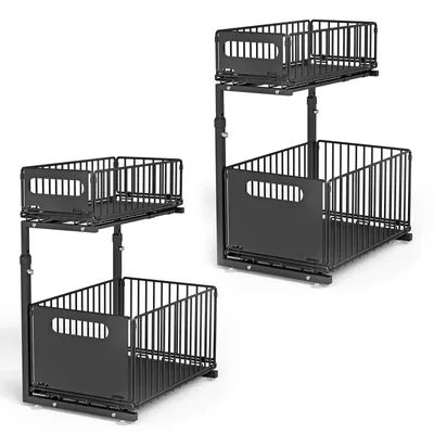 Produktbild von 2x Schubladenregal mit 2 Körben Höhenverstellbar Metall Unterschrank Organizer Gewürzregal Küche und Bad Schwarz