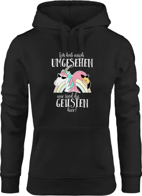Produktbild von Kapuzen-Pullover Damen Ich hab mich umgesehen wir sind die geilsten hier Flamingo Einhorn Hoodie Moonworks® schwarz S