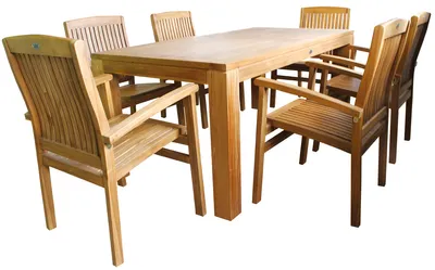 A teak garden dining set with a rectangular table and six chairs, presented on a white background.