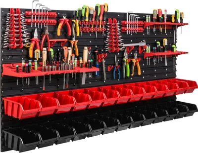Immagine prodotto di Sistema di stoccaggio Scaffale da officina | 156 x 78 cm | 26 pezzi. Scatola | Scaffale a muro con supporti per utensili e contenitori impilabili - Pannelli a muro Scaffale extra forte Scaffale forato per utensili Scaffale da magazzino Scaffale da garage