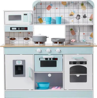 Produktbild von SucceBuy Spielküche für Kinder, Holzspielzeug-Küchenset mit Lichtern und Geräuschen. Kleinkinderküche mit Eismaschine, Ofen, Spüle, Mikrowelle, Kühlschrank, Besteck und Obstzubehör für 3-8-Jährige