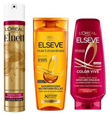 Produktbild von L'Oréal Paris - Haarpflege-Routine für coloriertes Haar & Glanz – Elnett Haarspray + Color Vive Spülung + Öl-Shampoo