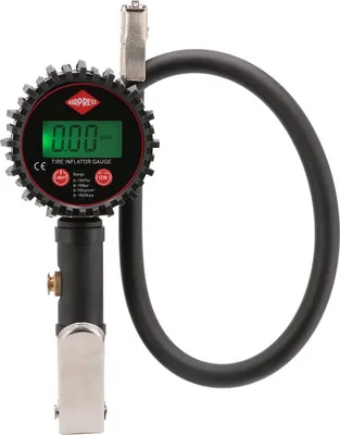 A digital tire inflator gauge with a hose and clip.
