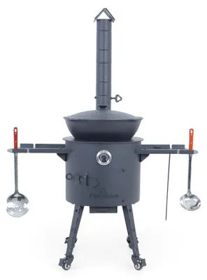 Produktbild von Utschak Feuerofen Ø 40 cm + Gusseisen-Kasan 12 L, runder Boden + Küchenzubehör, Usbekischer Kochtopf aus Gusseisen