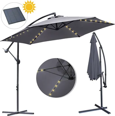 Image de Fiqops Parasol Gris LED Solar Ø300cm Parapluie de jardin Parasol de marché Manivelle Balcon Alu Inclinable