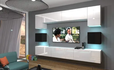 Produktbild von Furnitech Wohnwand Wohnzimmer - Wohnzimmer Möbel mit LED RGB - Hängend Wohnwand Modern - Wohnzimmer Schrankwand(Nowara AN1-17WB-HG23 1A)
