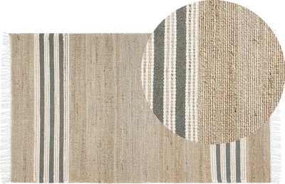 Obrázok produktu pre BELIANI Koberec béžová a sivá juta 80 x 150 cm pásikavý vzor so strapcami obdĺžnikový tvar ručne tkaný boho štýl obývačka spálňa