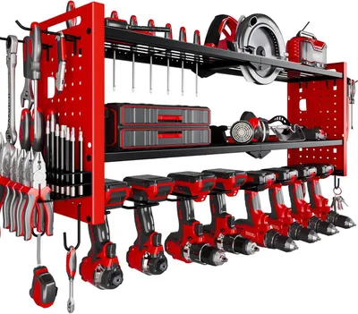 Produktbild von FABATO 3-Ebenen Werkzeug-Wandhalterung Rot mit 8 Akku-Haltern, Ordnungssystem für Werkzeuge und Akkugeräte in Werkstatt und Garage