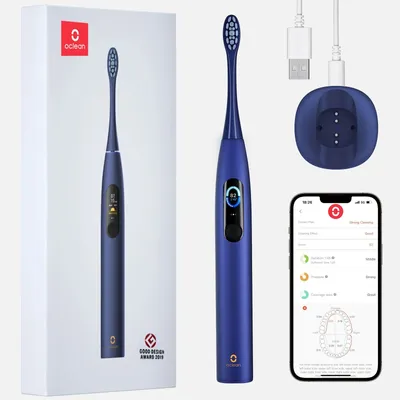 A collage showing an electric toothbrush, its packaging, charging base, and a smartphone app interface.