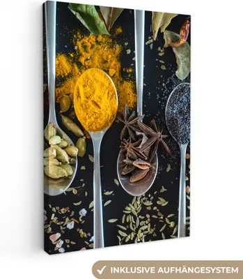 Produktbild von MuchoWow® - Leinwandbilder - Kräuter - Löffel - Gewürze - Schwarz - Küche, Wandbild, Wanddeko Bilder Wohnzimmer, 40x60 cm