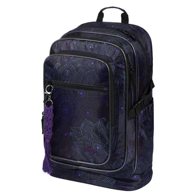 A backpack with a mandala-like pattern.