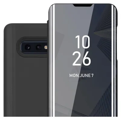 A close-up view of a smartphone case with a reflective screen displaying the time and date.